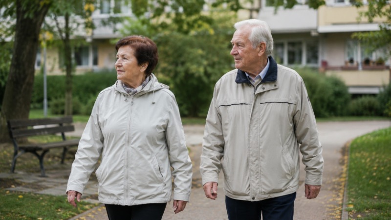 Skupina seniorů na procházce v parku s trekovými holemi za slunečného dne