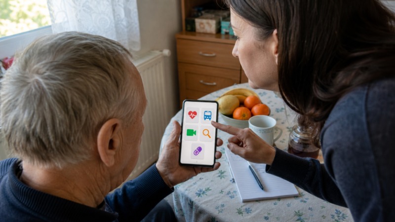 Starší žena drží chytrý telefon s otevřenou aplikací, na obrazovce jsou velké ikony