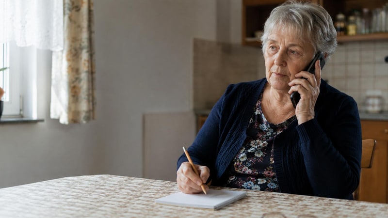 Senior doma u telefonu obezřetně zvažuje hovor a dělá si poznámky na papír