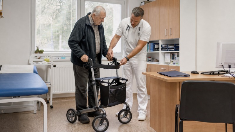 Senior s chodítkem u pultu výdejny zdravotnických potřeb, prodavačka mu podává doklad