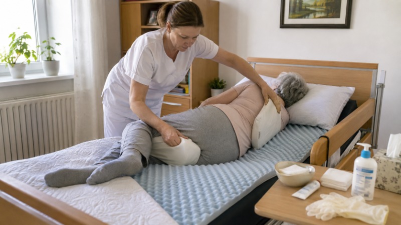 Pečující žena upravuje polohu ležícího seniora pomocí polohovacího polštáře