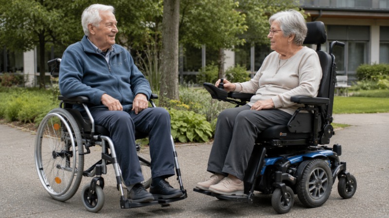 Senior na invalidním vozíku v obývacím pokoji, vedle něj stojí elektrický vozík s ovládací páčkou