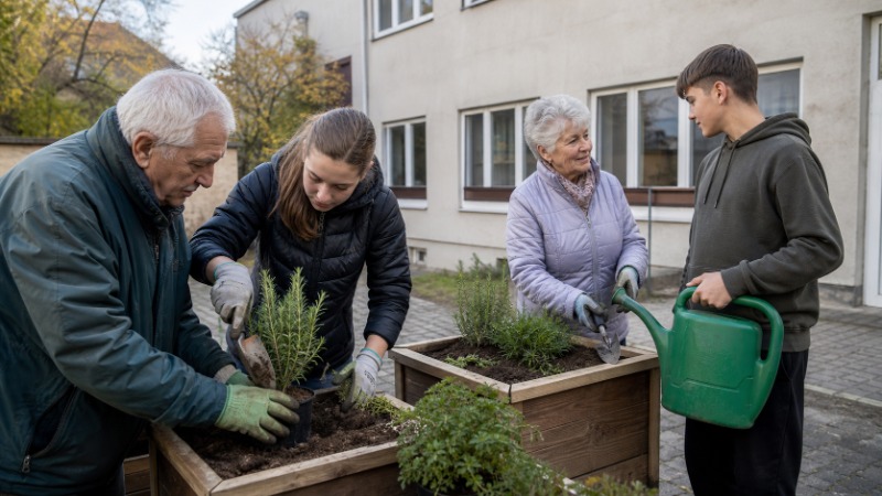 Skupina seniorů sedí u stolu v klubovně a společně si povídá u kávy