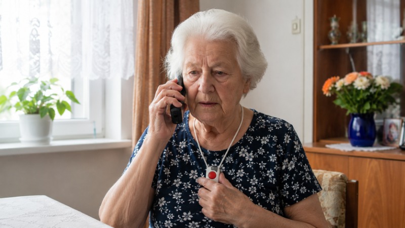 Seniorka drží telefon a na stole vedle sebe má tísňový náramek s tlačítkem