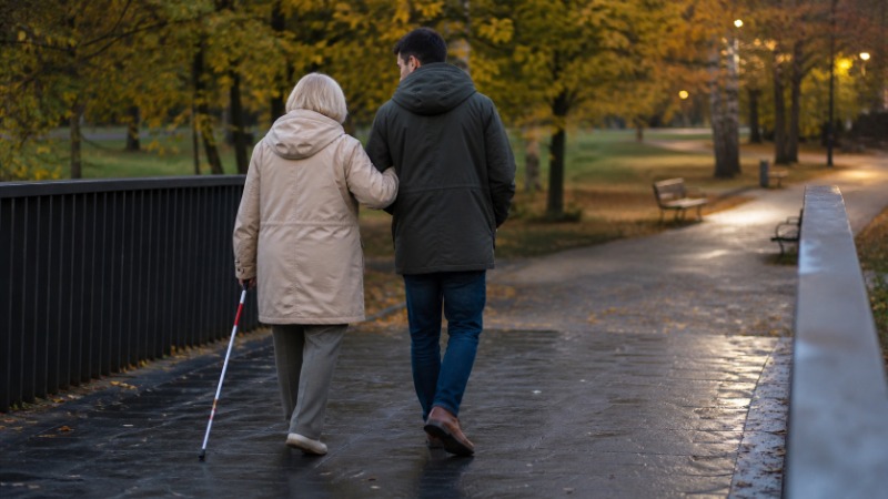 Osobní asistentka doprovází seniorku s holí na procházku před domem