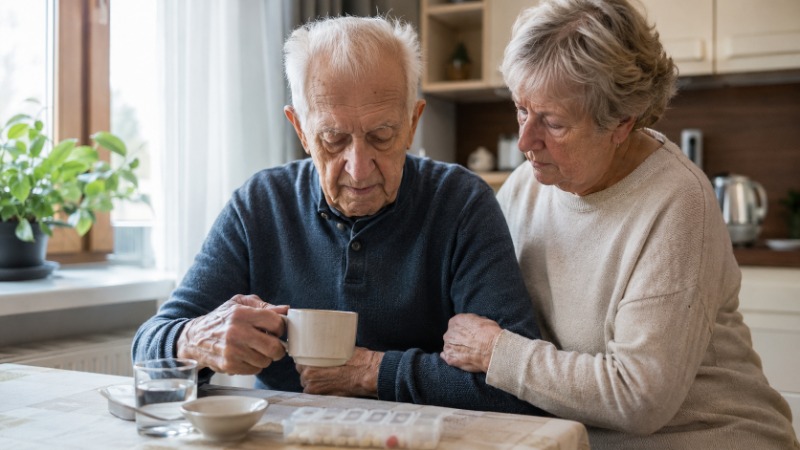 Starší muž s Parkinsonovou nemocí drží v ruce hrnek a opírá se o kuchyňskou linku