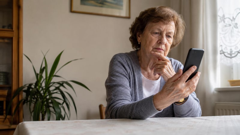 Senior u stolu drží telefon a obezřetně si prohlíží podezřelou zprávu