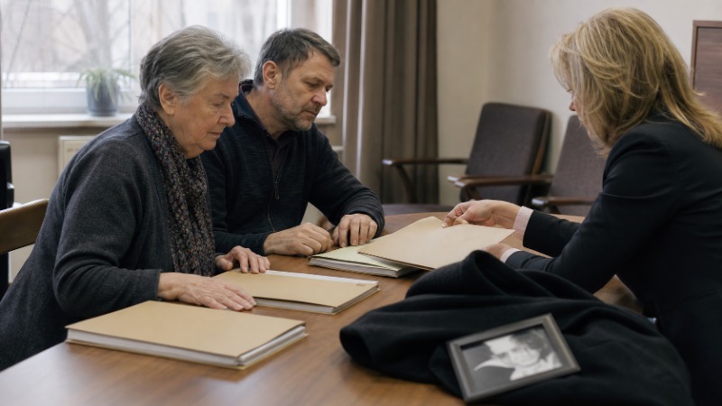 Starší žena u kuchyňského stolu prohlíží doklady a dopisy po úmrtí manžela