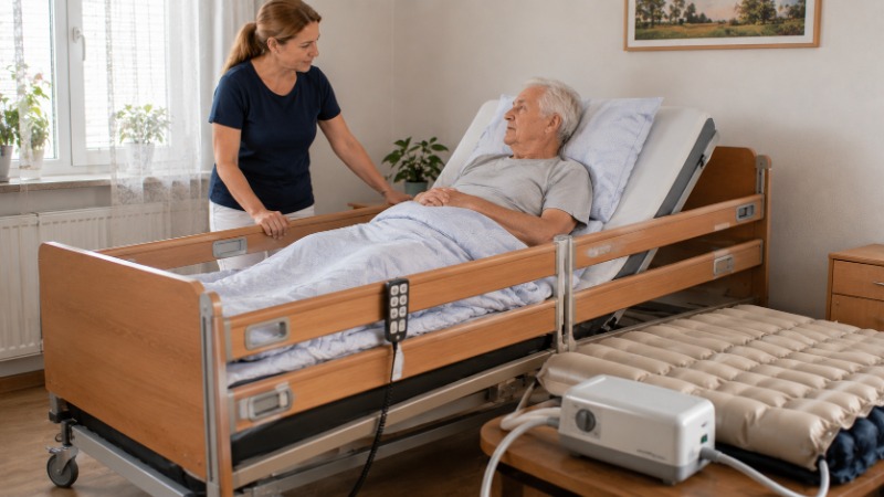 Elektrická polohovací postel se zvednutou zádovou částí a antidekubitní matrací v domácím pokoji