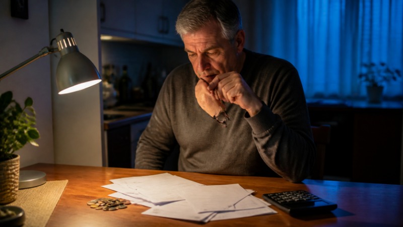 Starší muž a žena sedí u kuchyňského stolu s kalkulačkou, papíry a tužkou a počítají, jestli se jim vyplatí předčasný důchod
