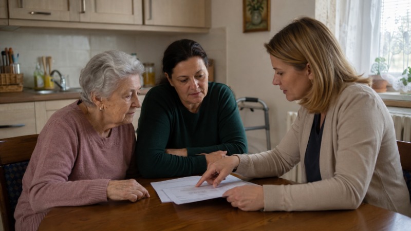 Sociální pracovnice při sociálním šetření hovoří se seniorkou u kuchyňského stolu a vyplňuje formulář