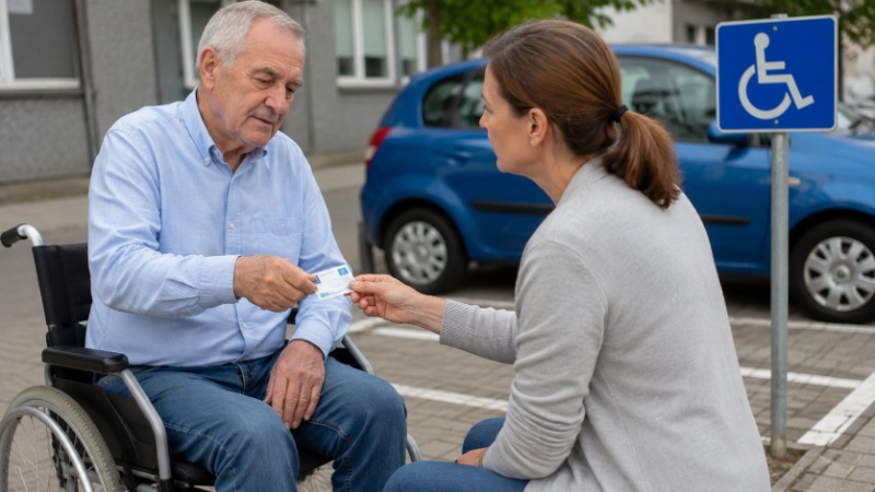 Seniorka drží v ruce průkaz osoby se zdravotním postižením u přepážky úřadu