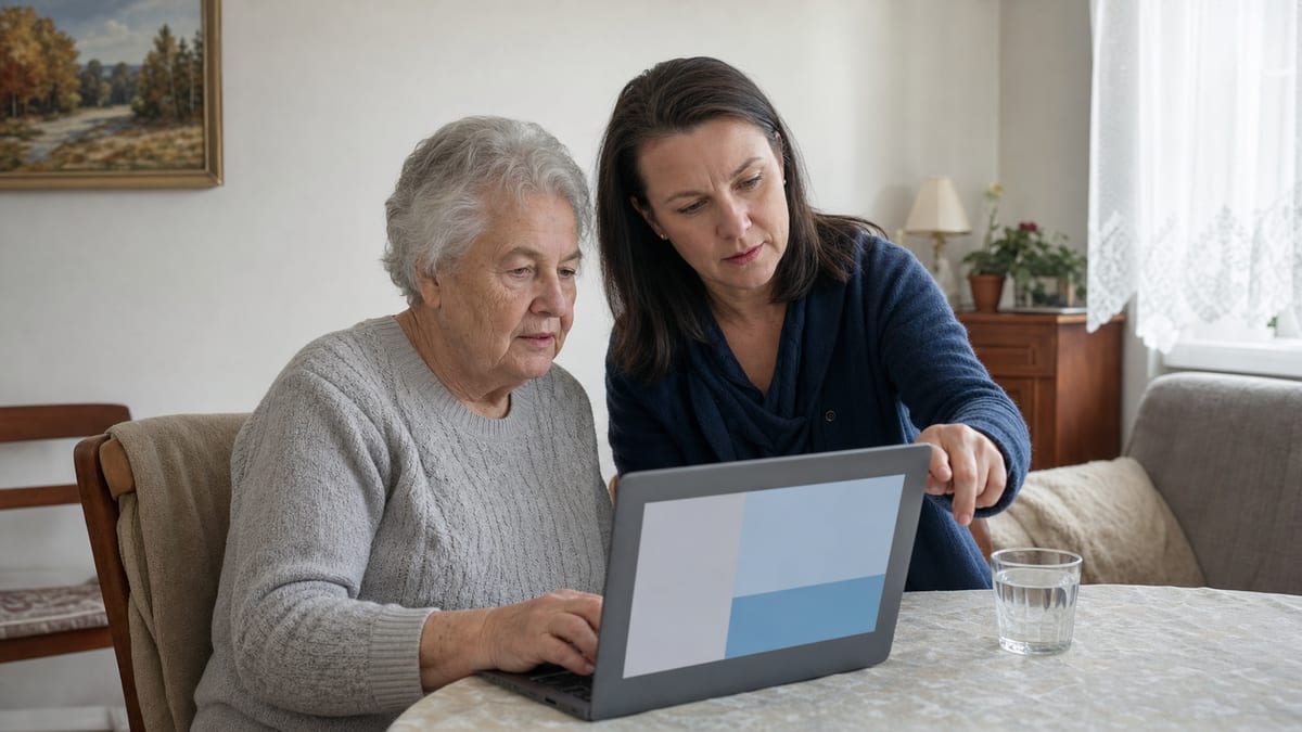 Starší žena s tabletem na gauči, vnučka jí ukazuje něco na obrazovce