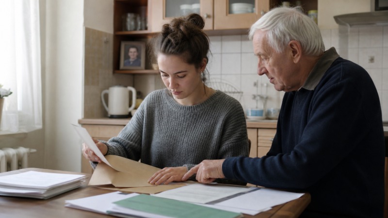 Teenagerka a její babička si u kuchyňského stolu prohlížejí dopis od České správy sociálního zabezpečení