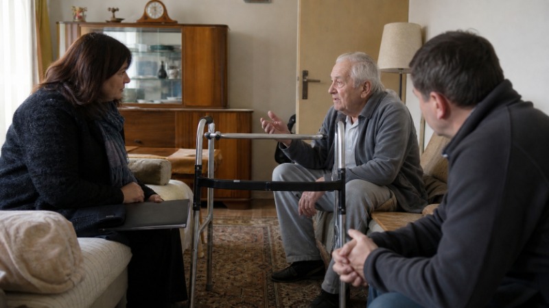 Sociální pracovnice si dělá poznámky při rozhovoru se seniorkou v jejím obývacím pokoji