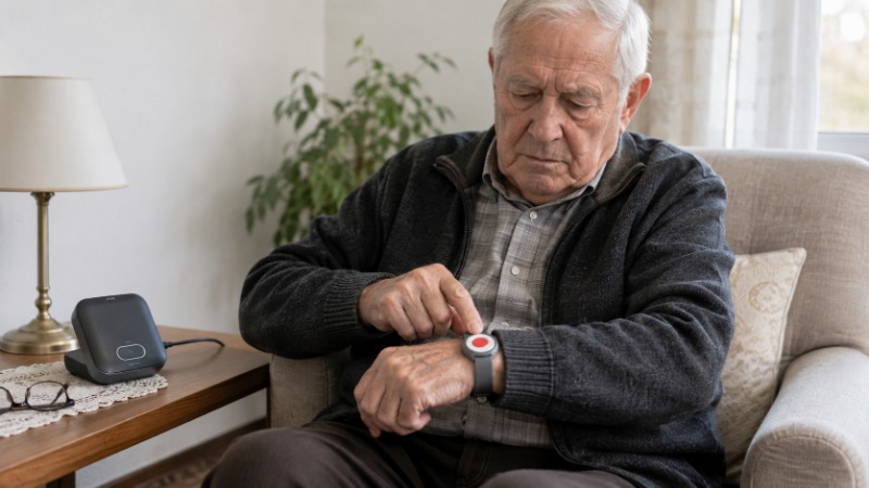Seniorka doma stiskne tísňové tlačítko na náramku na svém zápěstí