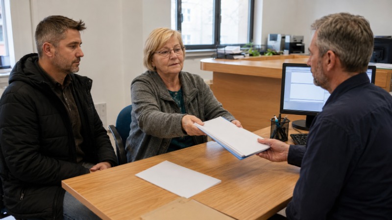 Starší muž na okresní správě sociálního zabezpečení podává úředníkovi doklady k žádosti o důchod